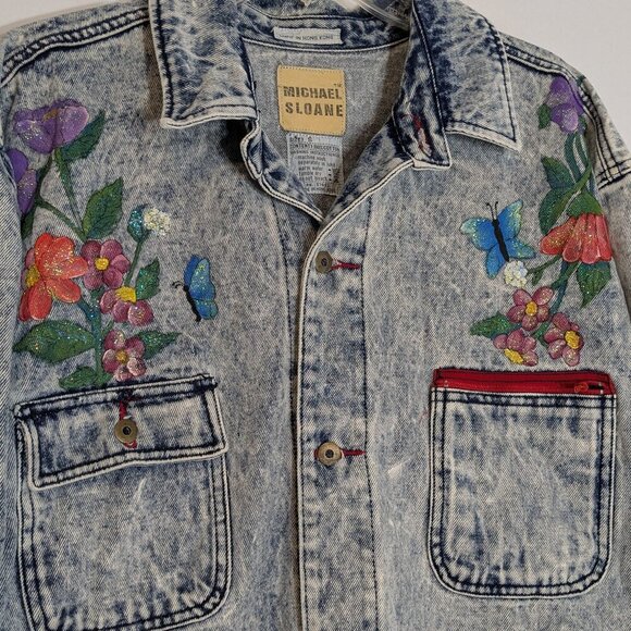 MICHAEL SLOANE Acid Wash Blue Button Jean Jacket w Painted Flowers; Size S - L - Picture 2 of 5